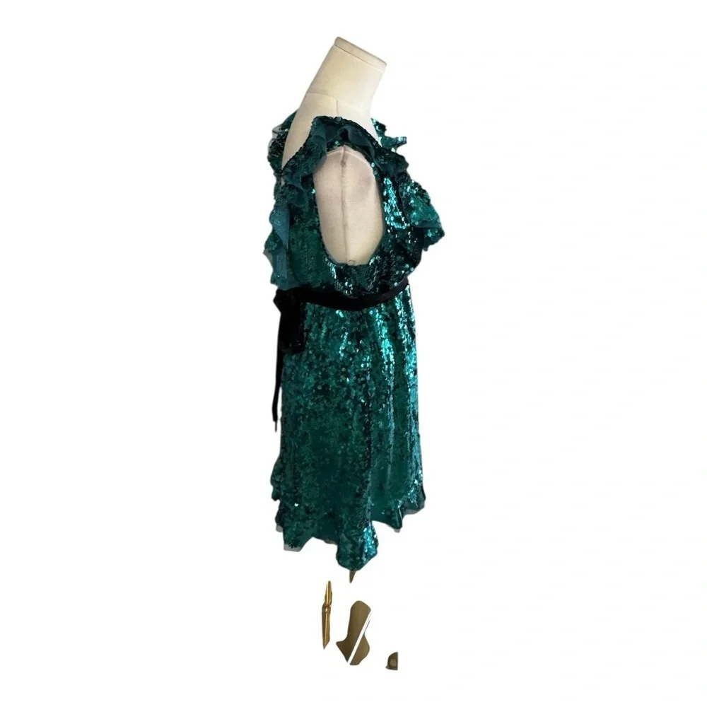 FREE PEOPLE‎ FP Green Sequin Siren Dress Mini Velvet Belt Size 8 Party Cocktail